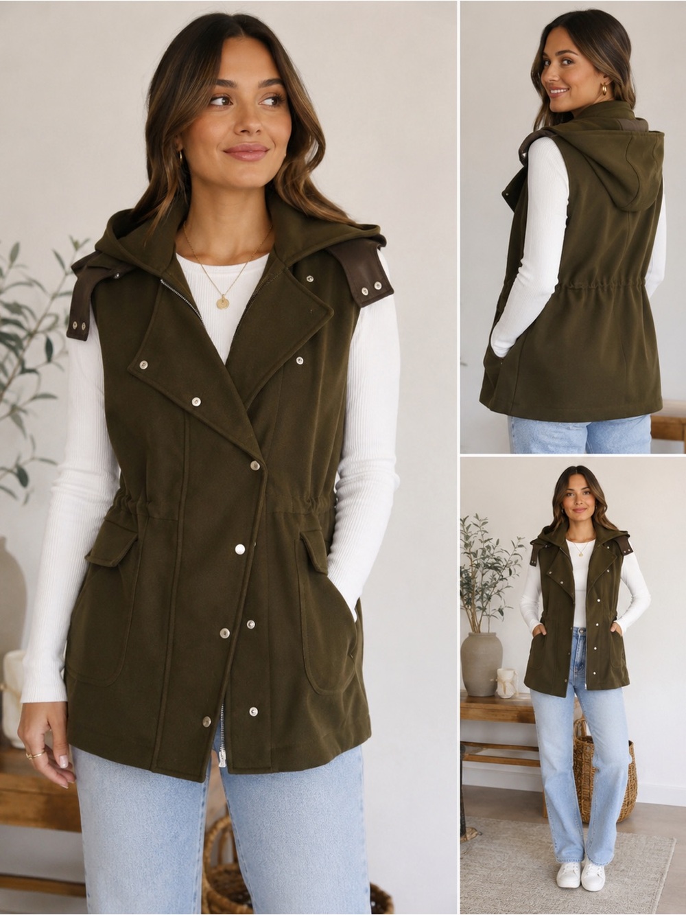 Anthropologie Cartonnier Olive Green Hooded Utility Vest Jacket Utility Small